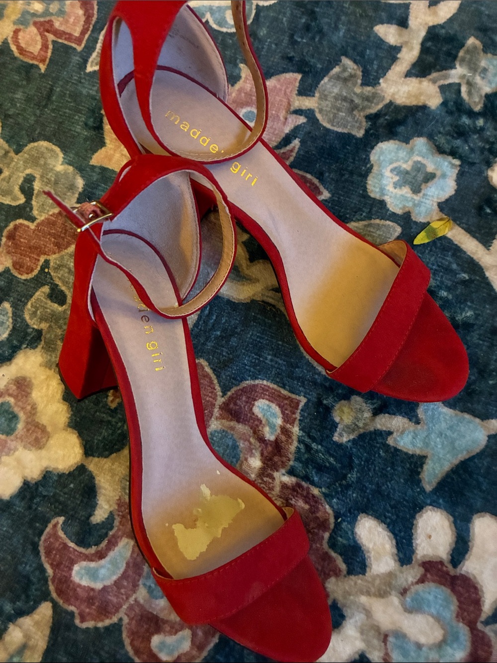 Madden Girl Beella Red Faux Suede Block Heel Sandals with Ankle Strap